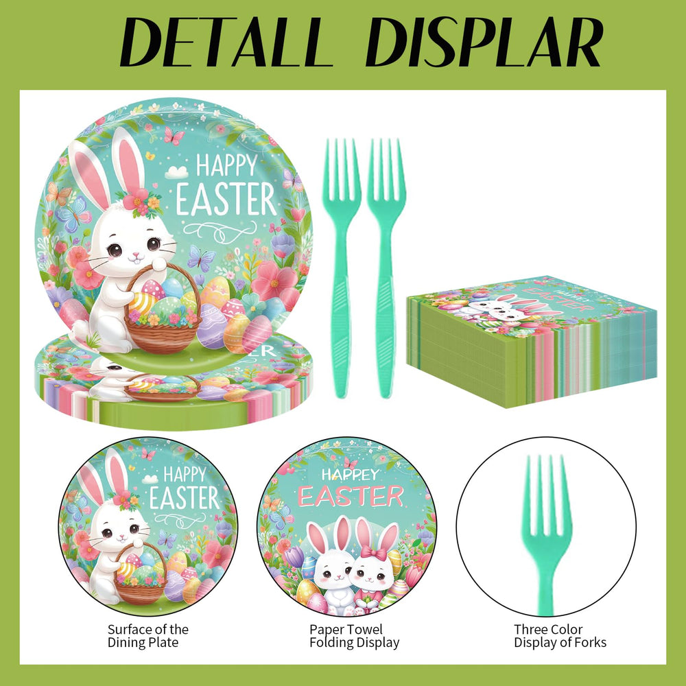 75Pcs Easter Bunny Tableware Set with Forks, 7 Inch Disposable Egg and Spring Flower Plates and Napkins, Serves 25 — image 4