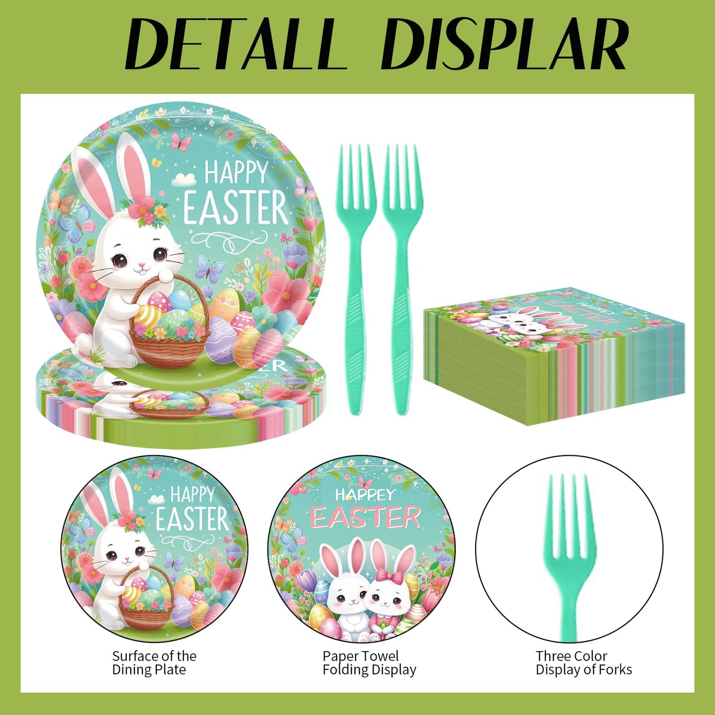 75Pcs Easter Bunny Tableware Set with Forks, 7 Inch Disposable Egg and Spring Flower Plates and Napkins, Serves 25