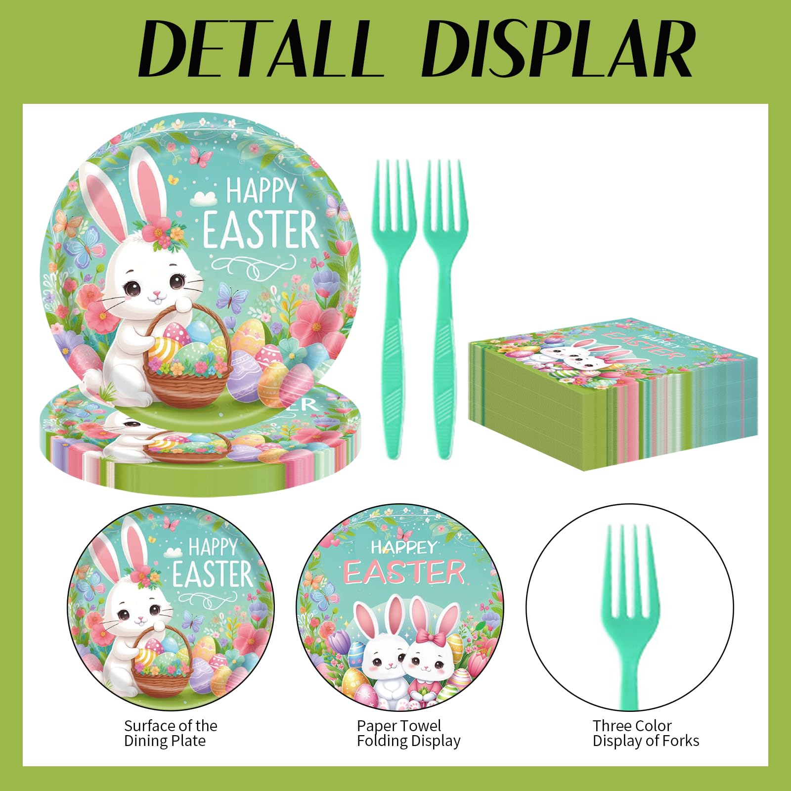 75Pcs Easter Bunny Tableware Set with Forks, 7 Inch Disposable Egg and Spring Flower Plates and Napkins, Serves 25