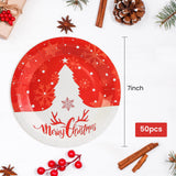 EVYIENEN 50PCS 7Inch Merry Christmas Paper Plates, Disposable Dessert Plates, Red Paper Plates With White Christmas Tree Pattern, Xmars Party Decoration Supplies