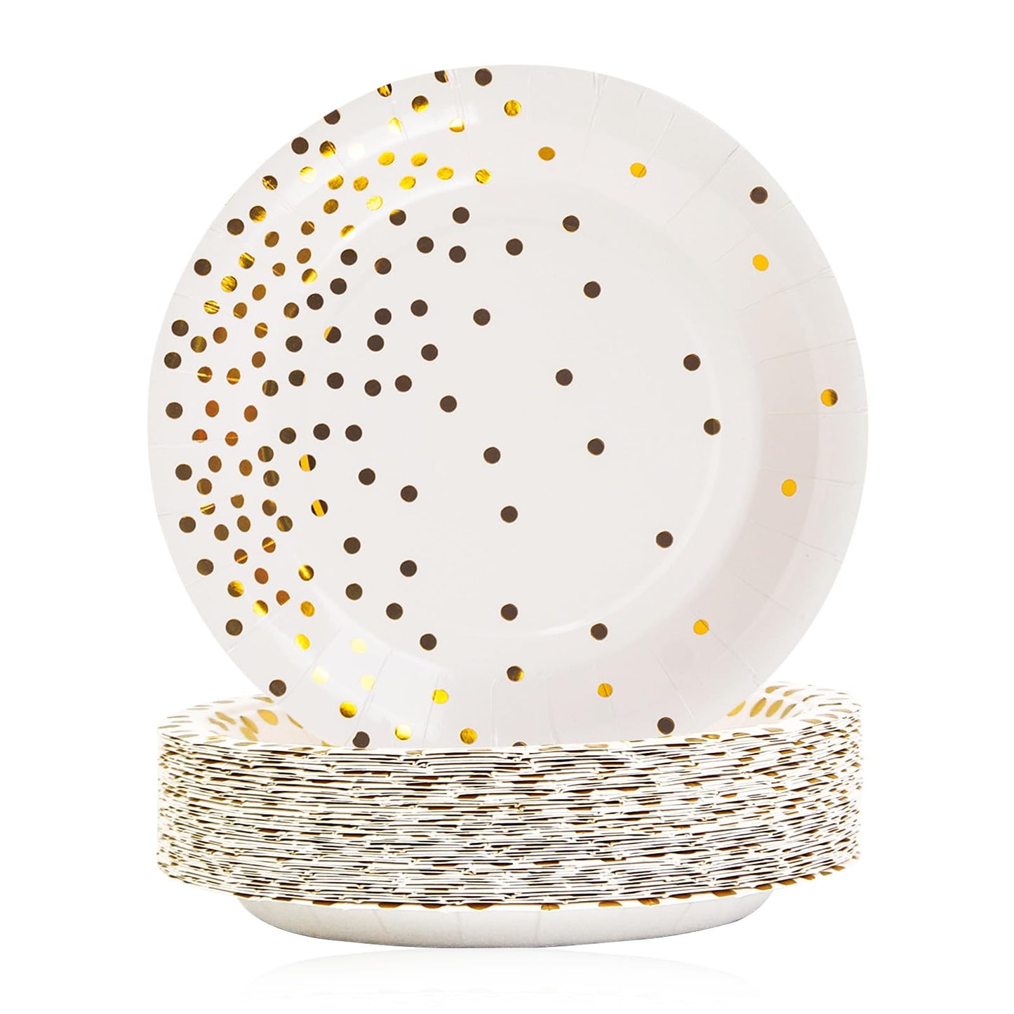 EVYIENEN 50 Pack White and Gold Paper Plates, 7 inch Metallic Foil Polka Dots Disposable Dessert Party Plates Party Supplies for Graduation Birthday Party Weddings Holiday Christmas