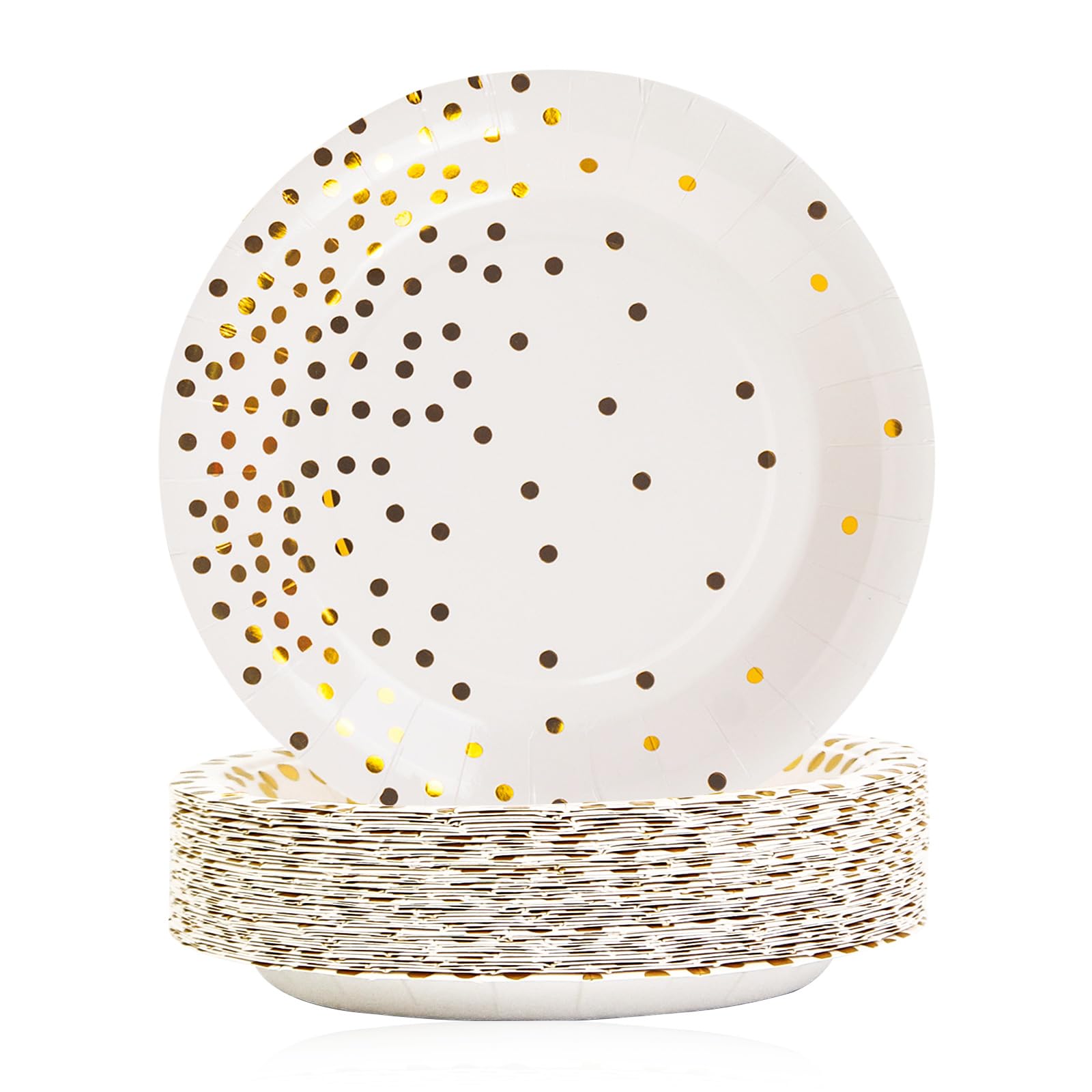 EVYIENEN 50 Pack White and Gold Paper Plates, 7 inch Metallic Foil Polka Dots Disposable Dessert Party Plates Party Supplies for Graduation Birthday Party Weddings Holiday Christmas