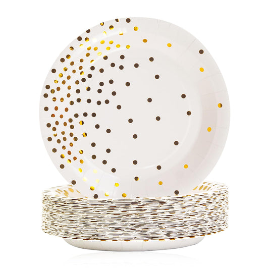 EVYIENEN 50 Pack White and Gold Paper Plates, 7 inch Metallic Foil Polka Dots Disposable Dessert Party Plates Party Supplies for Graduation Birthday Party Weddings Holiday Christmas