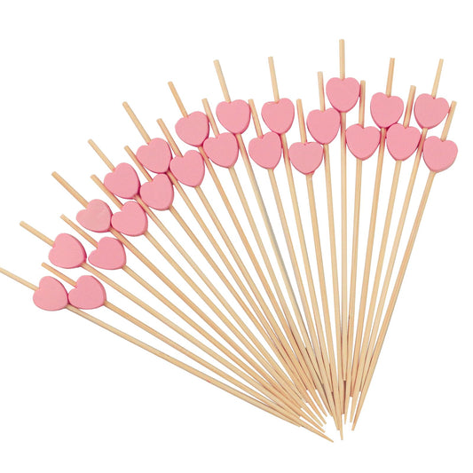 100 Pcs Pink Heart Cocktail Picks – 4.7 Inch Bamboo Toothpicks for Birthdays, Weddings & Valentine's Party Decoration