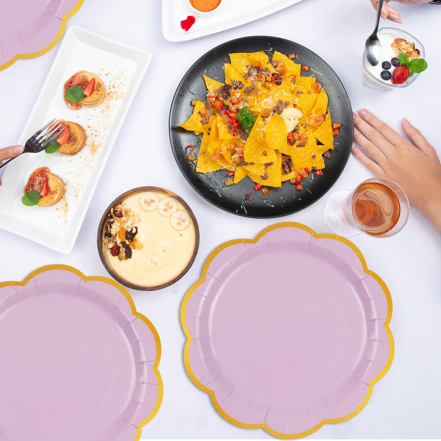 EVYIENEN 50 Pcs Purple Paper Plates,7 Inches Gold Foil Disposable Scalloped Paper Party Plates for Cake Dessert Halloween Fall Thanksgiving Birthday Wedding Baby Shower Party Decorations