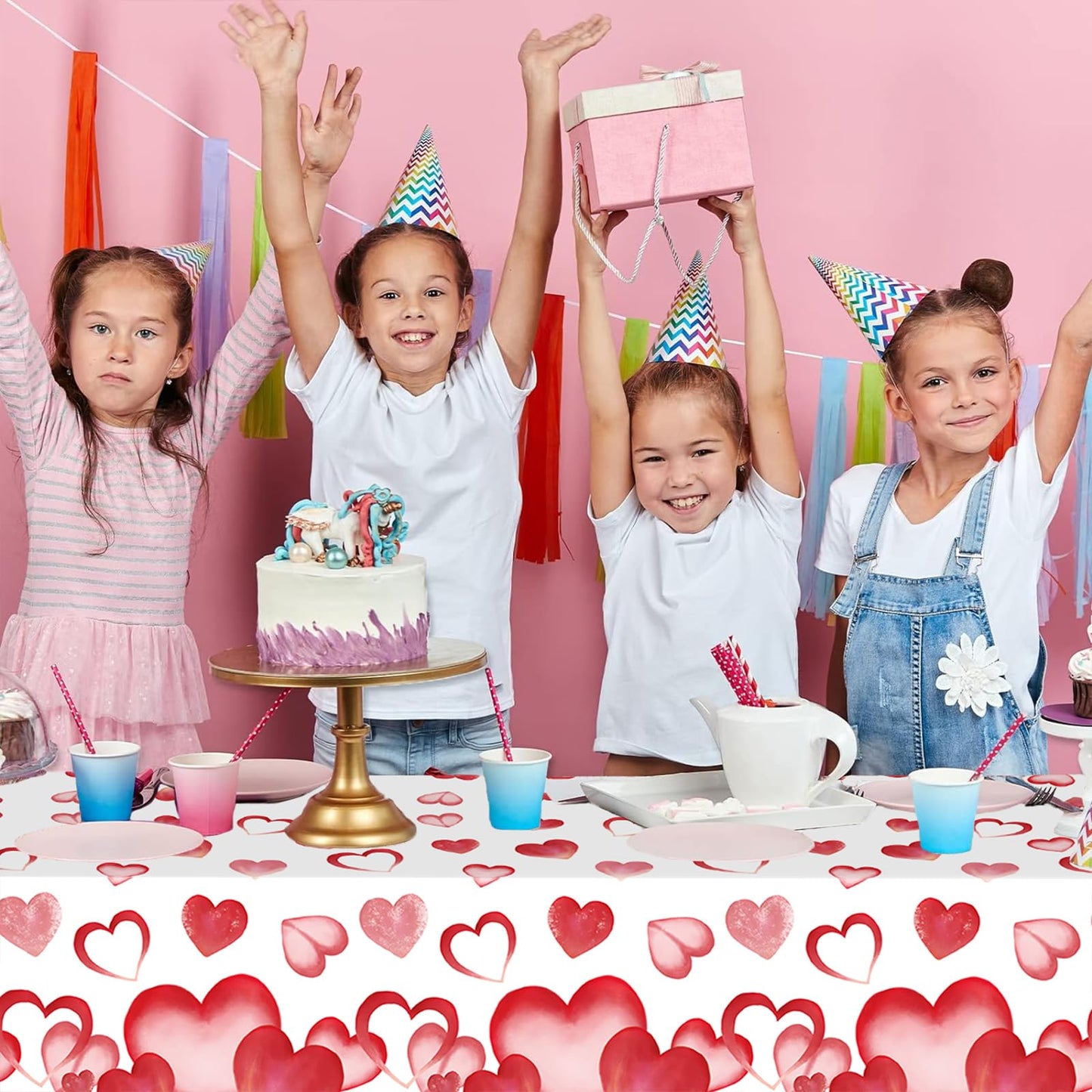 EVYIENEN 3 Pack Valentines Day Plastic Tablecloths,Disposable Red Pink Heart Love Rectangle Table Cover for Wedding Birthday Anniversary Engagement Weeding Party Supplies, 54x108 Inch
