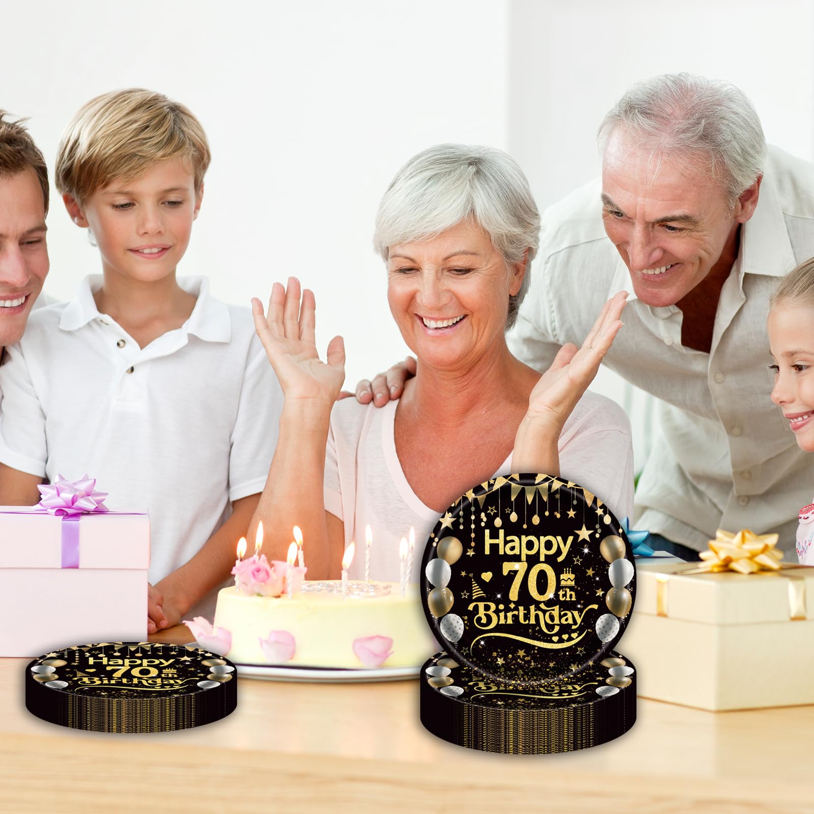 50Pcs 70th Birthday Paper Plates, 9 Inch Black and Gold Disposable Dessert Plates for Men and Women, 70th Birthday and Wedding Party