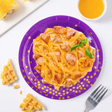 EVYIENEN 50 Pcs Purple and Gold Paper Plates, 7 inch Halloween Disposable Dessert Party Plates Party Supplies for Halloween Fall Thanksgiving Birthday Wedding Party Decorations