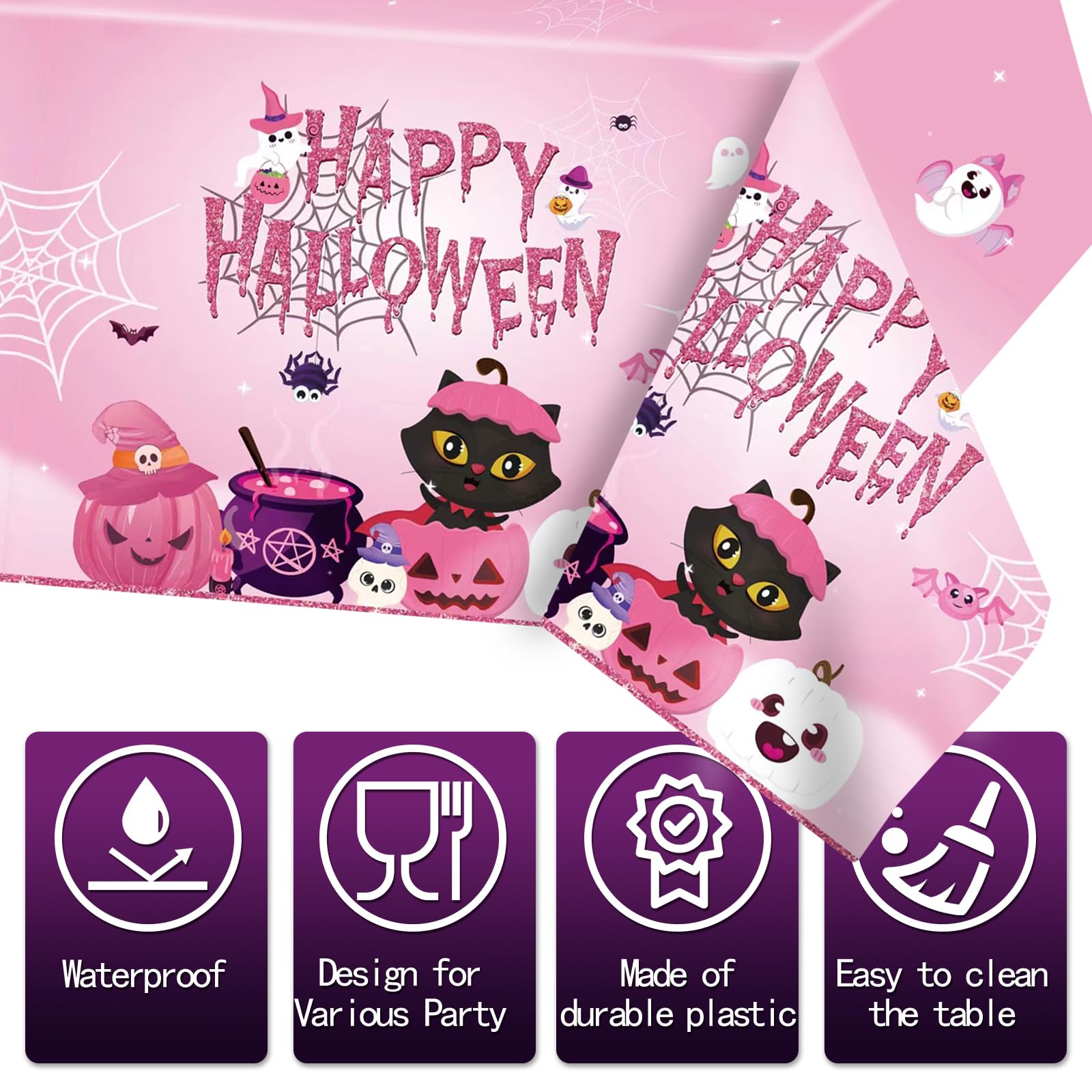 108×54Inch Halloween Tablecloth, Halloween Decorations Indoor Outdoor Happy Boo Pumpkin Bat Skeleton Candy Disposable Plastic Waterproof Tablecover for Table Decor Backdrop Banner Party Supplies
