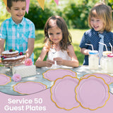 EVYIENEN 50 Pcs Purple Paper Plates,9 Inches Gold Foil Disposable Scalloped Paper Party Plates for Cake Dessert Halloween Fall Thanksgiving Birthday Wedding Baby Shower Party Decorations
