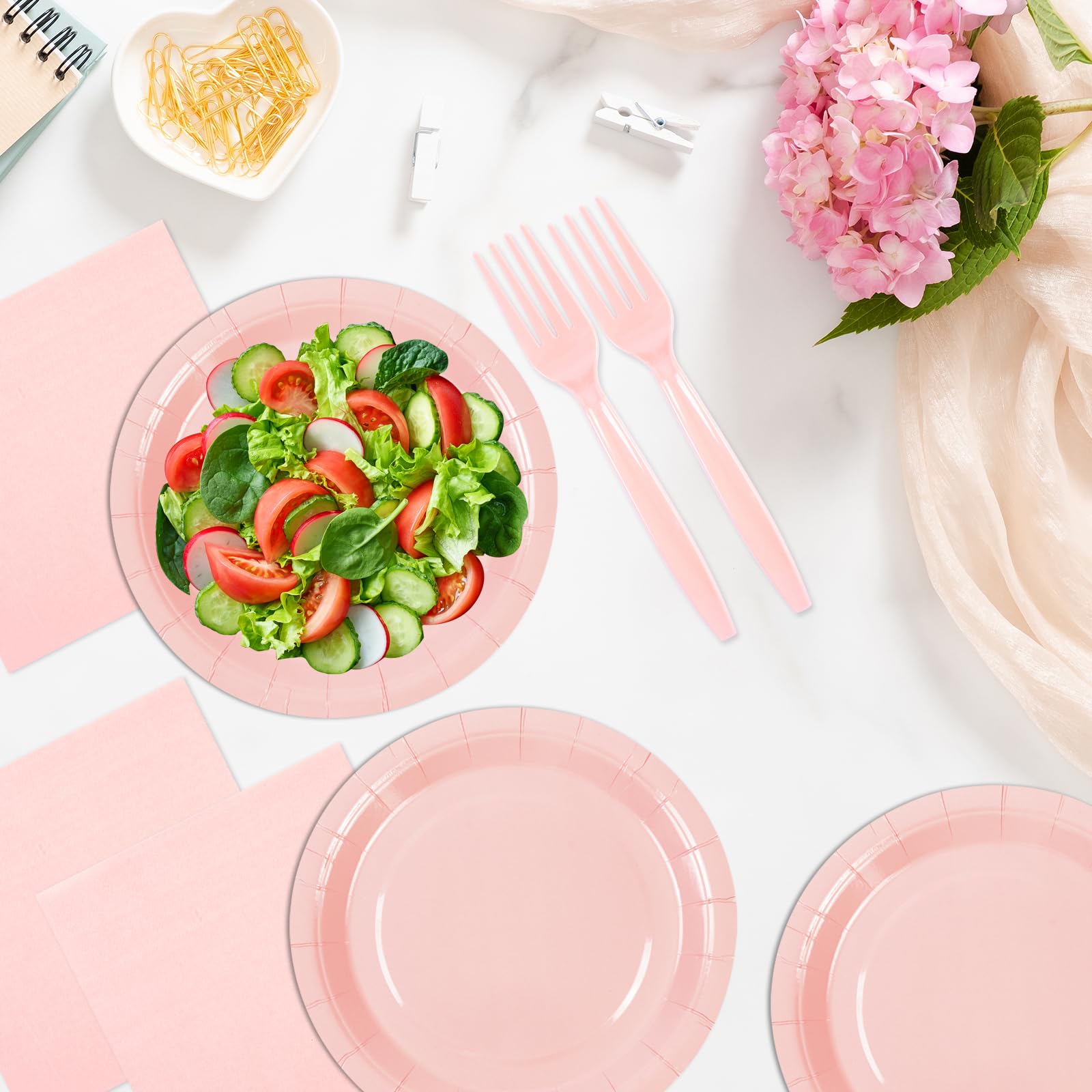 75PCS Paper Plates and Napkins Set, Pink Party Supplies Disposable Dinnerware Includes Paper Plates Napkins Forks Decorations for Birthday,Weddings