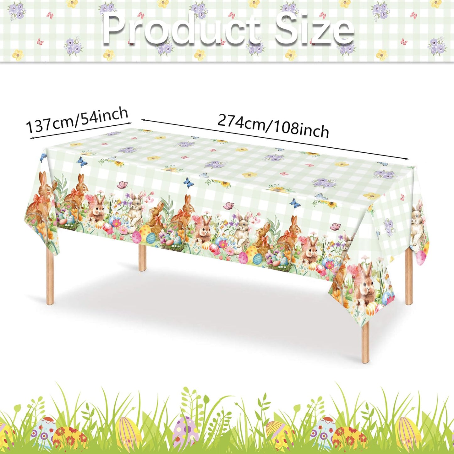 Easter Rectangle Plastic Table Cover, 54x108 Inch Colorful Eggs Bunny and Floral Tablecloth for Easter and Spring Party Decorations