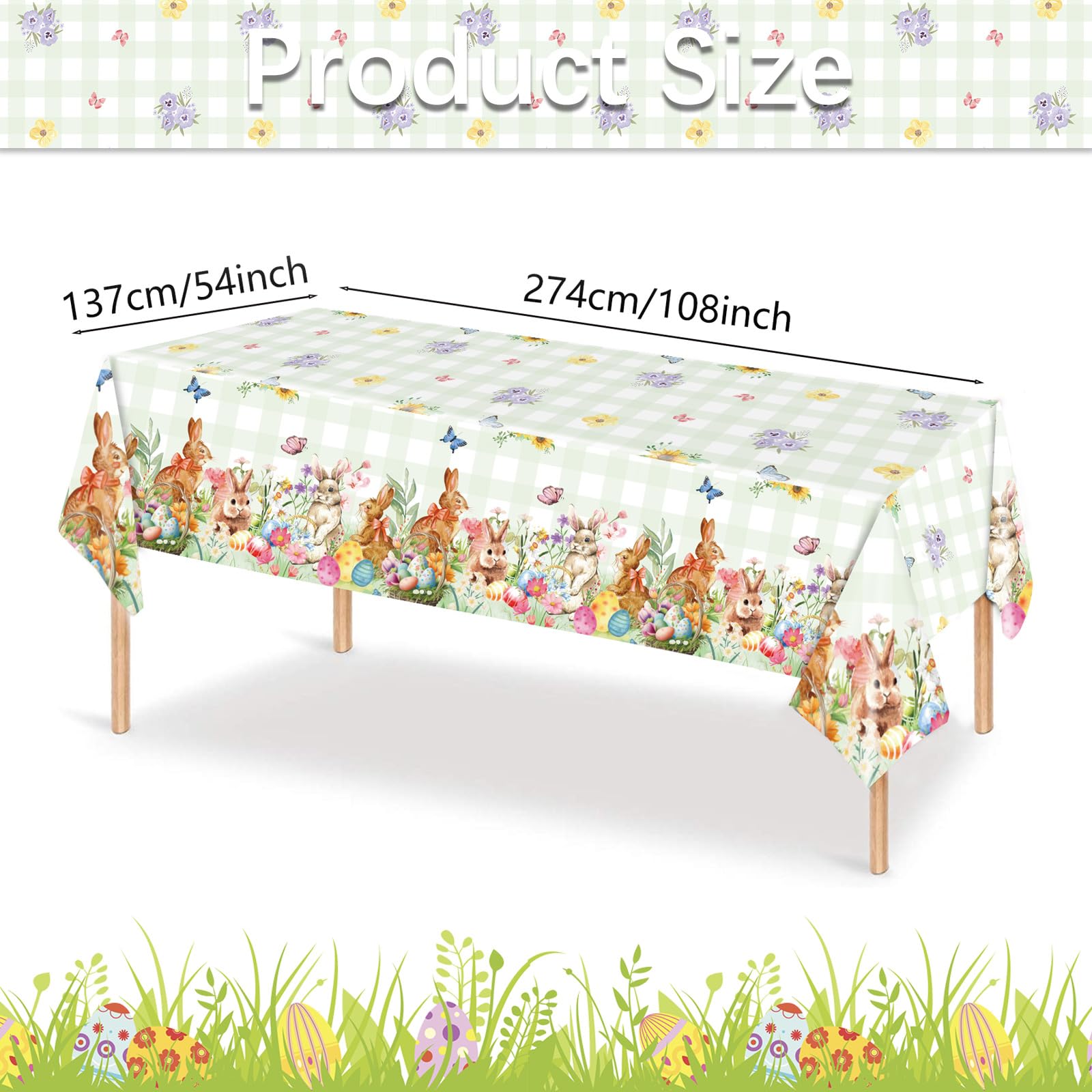 Easter Rectangle Plastic Table Cover, 54x108 Inch Colorful Eggs Bunny and Floral Tablecloth for Easter and Spring Party Decorations