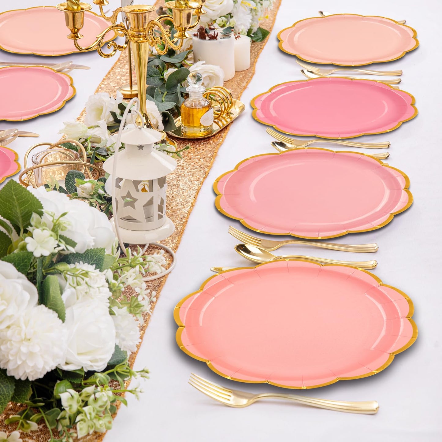 48 Pcs Pink Scalloped Paper Plates,7 Inch Gradient Pink Dessert Party Plates with Gold Foil Disposable Cake Plate Decorative Dinner Serving Plate for Birthday Wedding Graduation Party Supplies