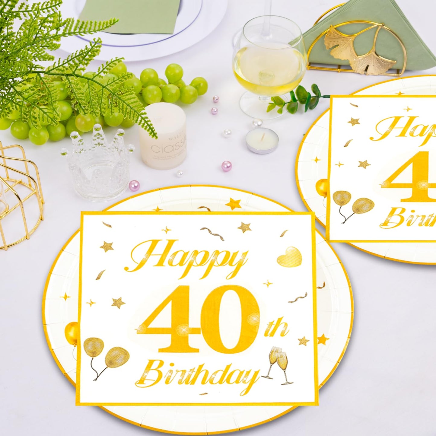 EVYIENEN 50PCS 40th Happy Birthday Plates and Napkins,7 Inch Premium Wihte and Gold Birthday Dessert Cake Plates Party and Cocktail Napkin for Men and WomenTable Anniversary Decoration