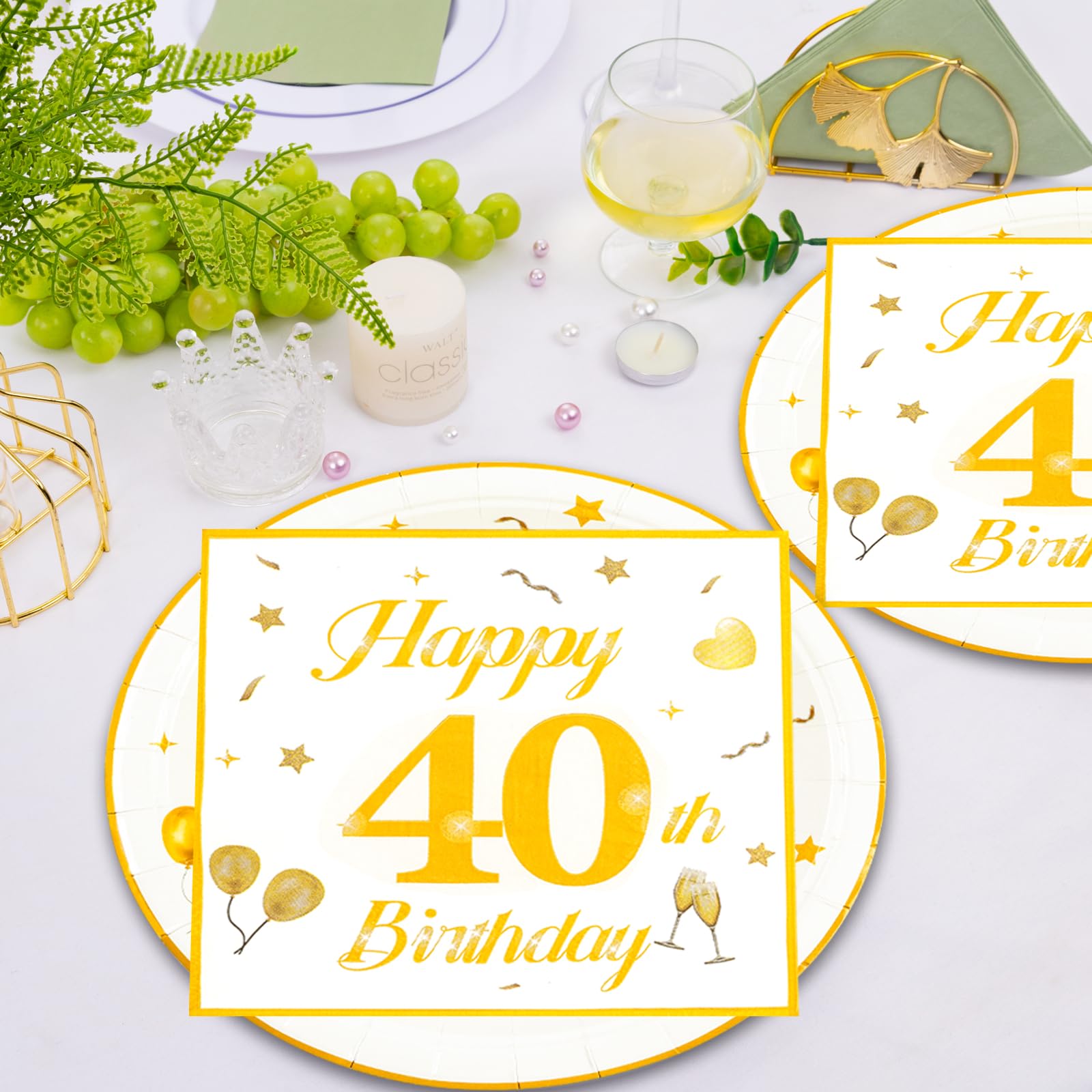 EVYIENEN 50PCS 40th Happy Birthday Plates and Napkins,7 Inch Premium Wihte and Gold Birthday Dessert Cake Plates Party and Cocktail Napkin for Men and WomenTable Anniversary Decoration