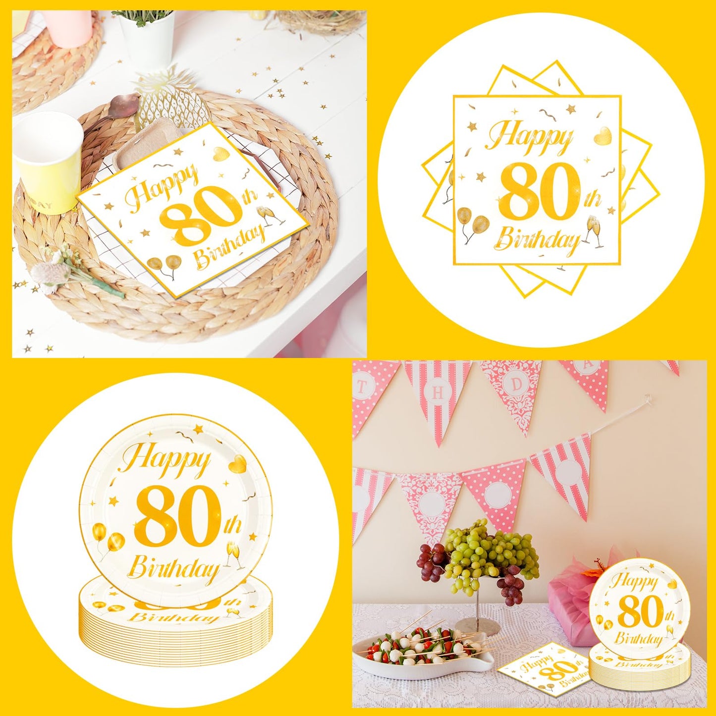 EVYIENEN 50PCS 80th Happy Birthday Plates and Napkins,7 Inch Premium Wihte and Gold Birthday Dessert Cake Plates Party and Cocktail Napkin for Men and Women Table Anniversary Decoration