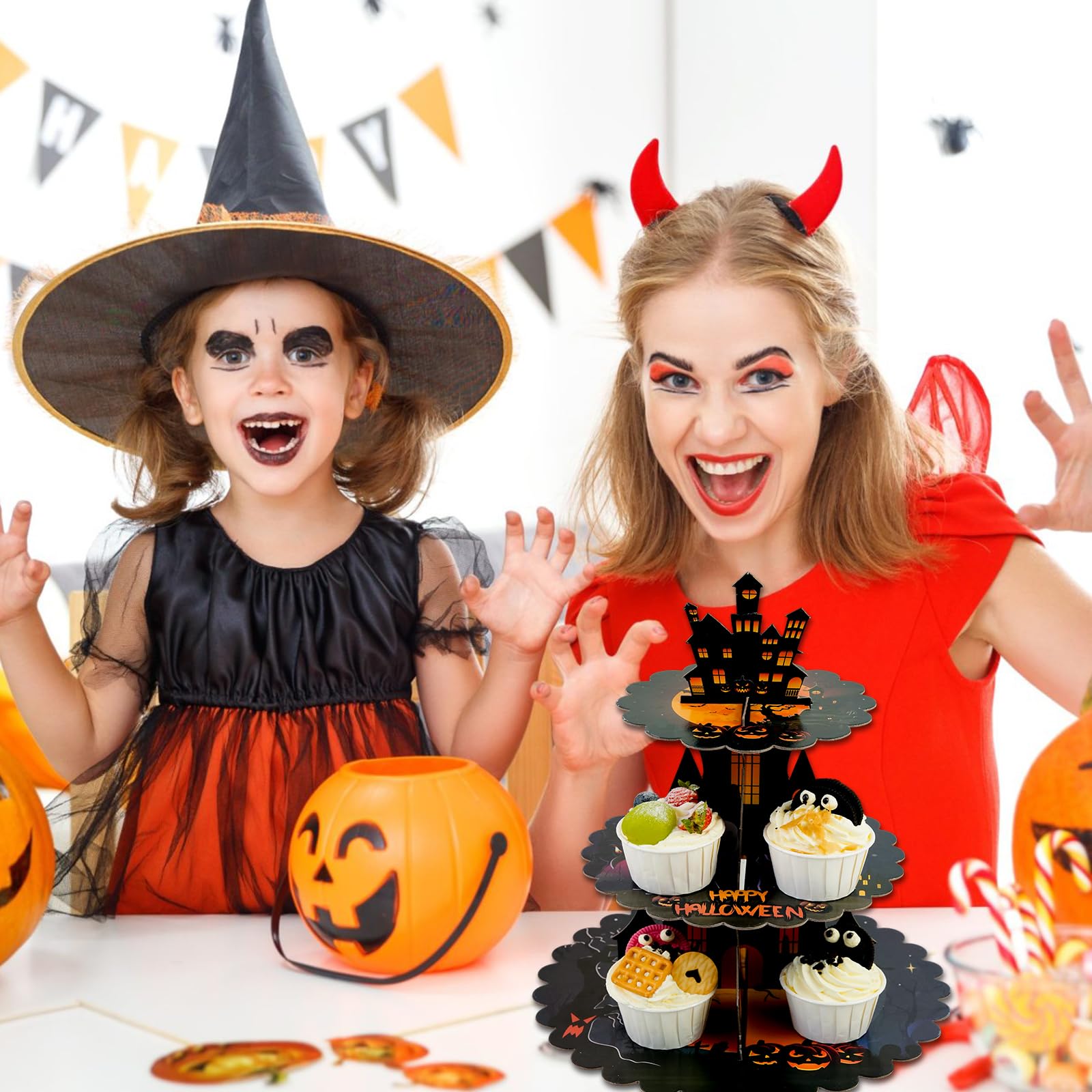 Halloween Cupcake Stand Supplies 3 Tier Cupcake Stand Cardboard Cake Stand Horror Theme Party Supplies Dessert Tower Holder for Halloween Table Decorations (Purple)