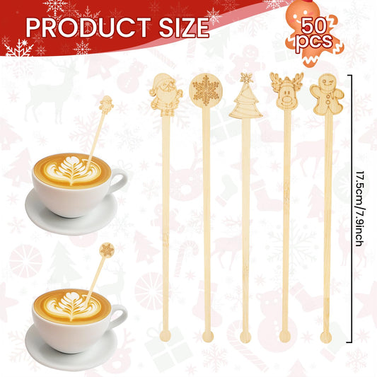 50PCS Bamboo Coffee Stirrers, 7 inch Biodegradable Disposable Christmas Coffee stirrers for Coffee Milk Christmas New Year Office Hot Chocolate Bar Supplies