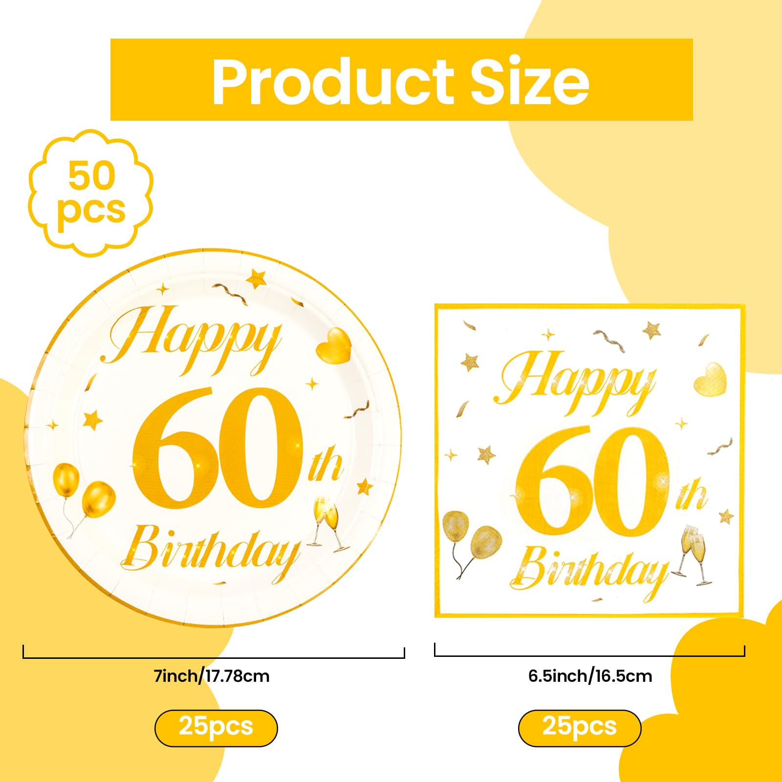 EVYIENEN 50PCS 60th Happy Birthday Plates and Napkins,7 Inch Premium Wihte and Gold Birthday Dessert Cake Plates Party and Cocktail Napkin for Men and Women Table Anniversary Decoration
