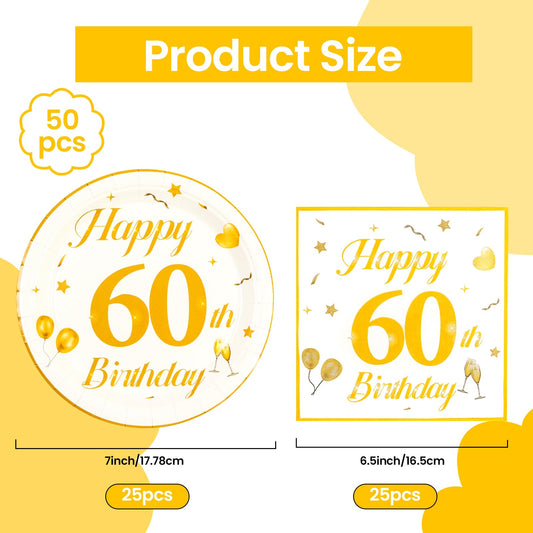 EVYIENEN 50PCS 60th Happy Birthday Plates and Napkins,7 Inch Premium Wihte and Gold Birthday Dessert Cake Plates Party and Cocktail Napkin for Men and Women Table Anniversary Decoration