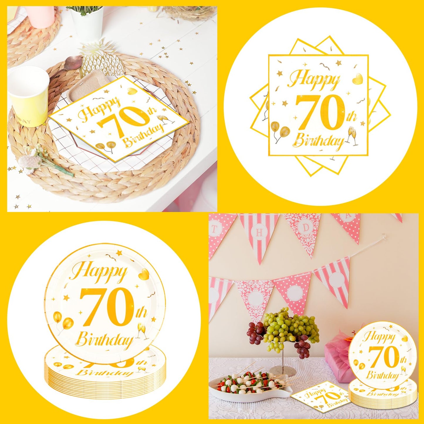 EVYIENEN 50PCS 70th Happy Birthday Plates and Napkins,7 Inch Premium Wihte and Gold Birthday Dessert Cake Plates Party and Cocktail Napkin for Men and WomenTable Anniversary Decoration