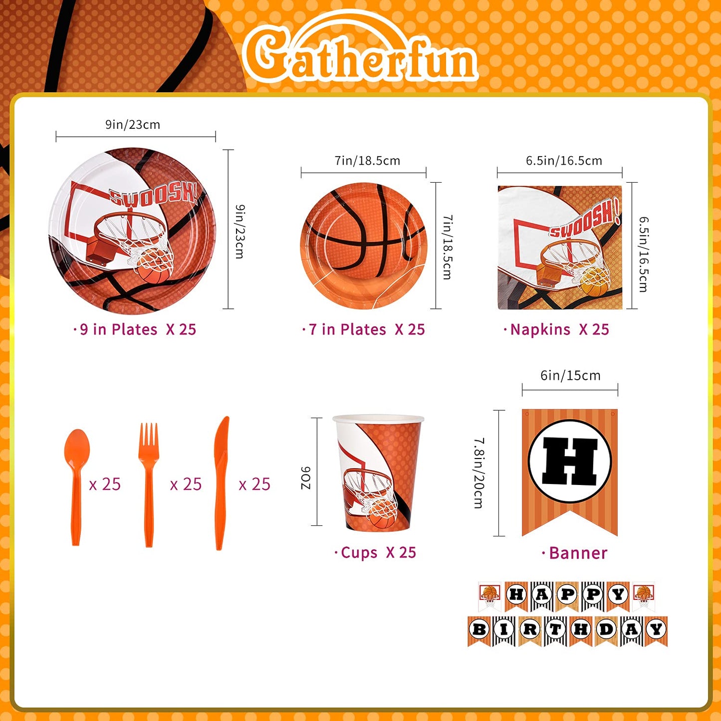 Gatherfun Basketball Party Supplies Paper Plates Napkins Cups Knives