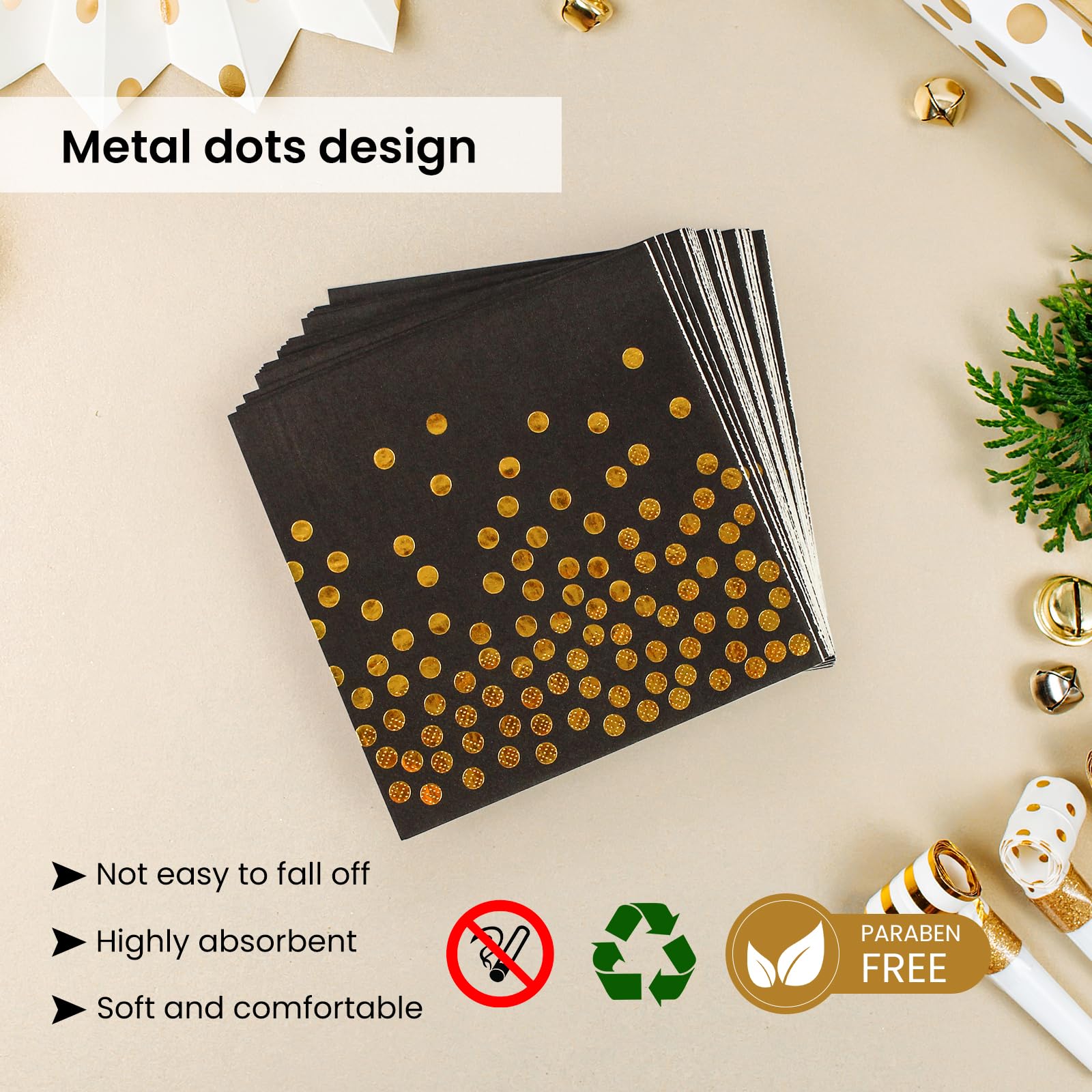 50Pcs Black and Gold Birthday Dinner Plates and Napkins, 9 Inch Gold Foil Dot Dessert Plates with Napkins for Birthdays, Weddings and New Year, Serves 25