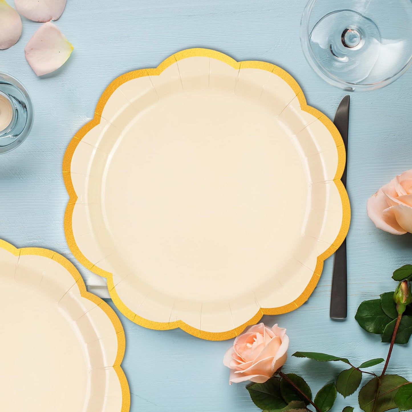 50 Pcs Yellow Scalloped Paper Plates – 9 Inch Gold Foil Party Plates for Birthdays, Weddings & Baby Showers