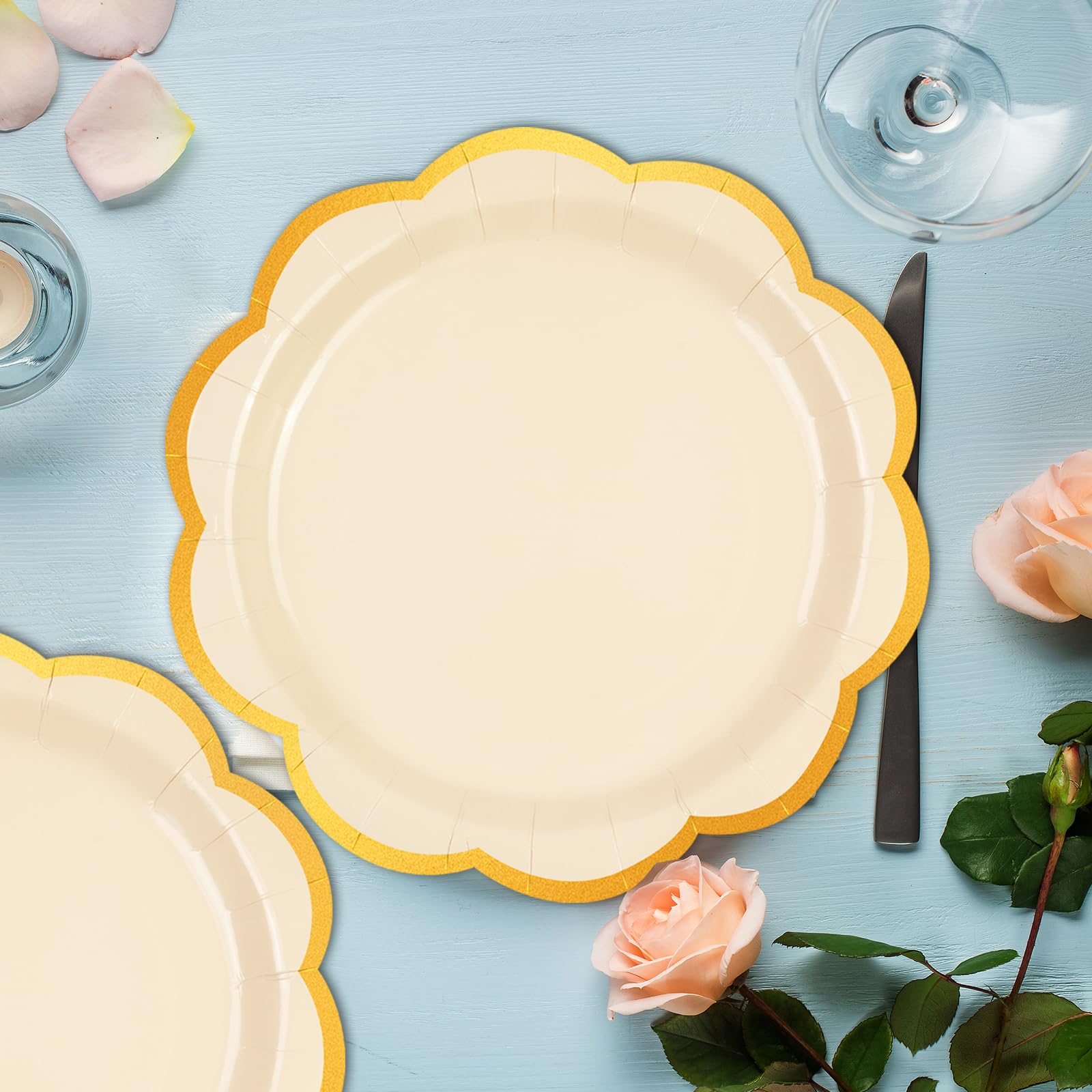 50 Pcs Yellow Scalloped Paper Plates – 9 Inch Gold Foil Party Plates for Birthdays, Weddings & Baby Showers