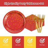 75Pcs Red Dots Glod Paper Plates and Napkins Party Supplies Set,Red Disposable Plates Party Supplies Includes Paper Napkins Forks Decorations for Birthday,Wedding,Christmas,Serves 25