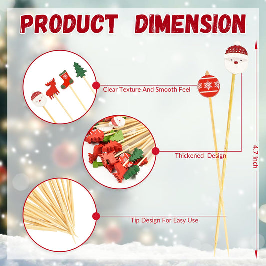 100 Pcs Christmas Cocktail Picks,4.7inch Santa Claus Snowflake Bamboo Stir Sticks Appetizer ToothPicks Decorative for Fruit Drink Food Birthday Christmas Party Supplies