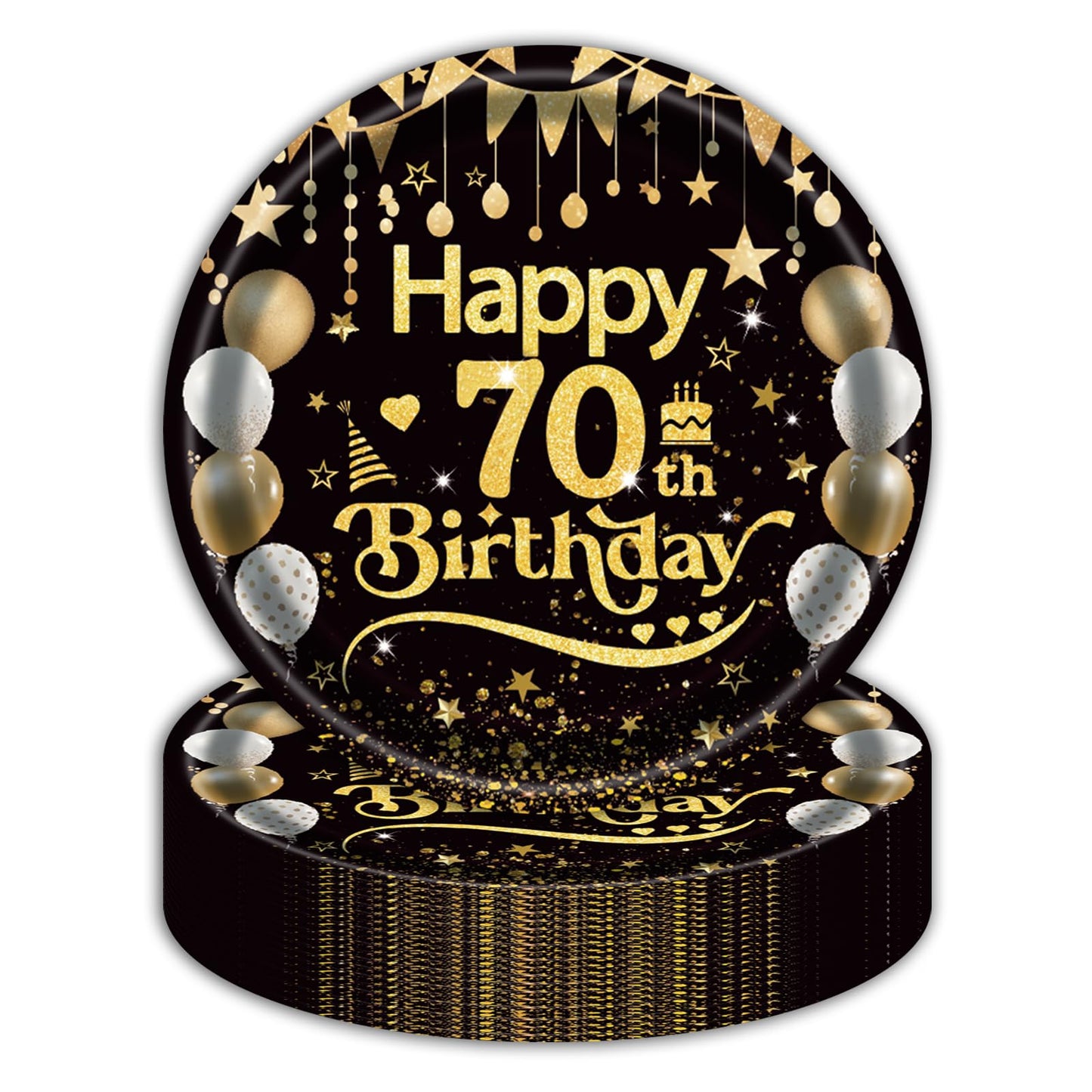 50Pcs 70th Birthday Paper Plates, 9 Inch Black and Gold Disposable Dessert Plates for Men and Women, 70th Birthday and Wedding Party