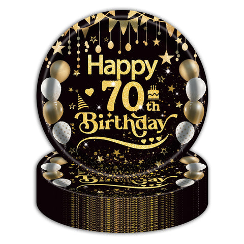 50Pcs 70th Birthday Paper Plates, 9 Inch Black and Gold Disposable Dessert Plates for Men and Women, 70th Birthday and Wedding Party