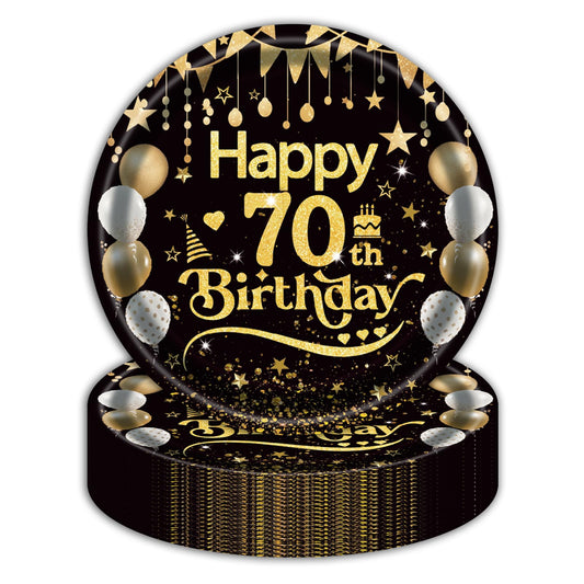 50Pcs 70th Birthday Paper Plates, 9 Inch Black and Gold Disposable Dessert Plates for Men and Women, 70th Birthday and Wedding Party