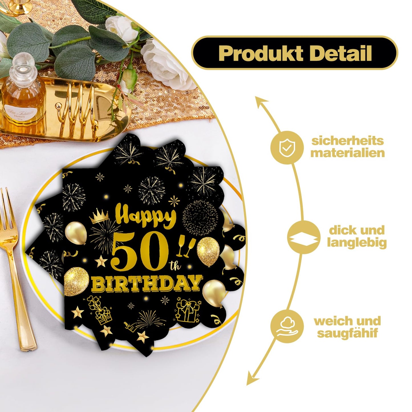 50pcs 40th Birthday Paper Napkins,13 x 13 inch Black and Gold Scalloped Dessert Cocktail Napkins Disposable Party Men Women Napkins 540th Birthday Decorations