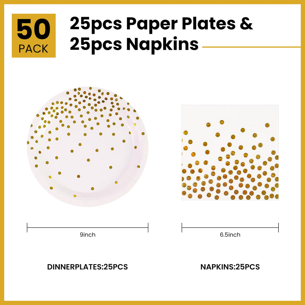 50Pcs White and Gold Dinner Plates and Napkins, 9 Inch Gold Foil Dot Dessert Plates with Napkins for Birthdays, Weddings and New Year, Serves 25 — image 2