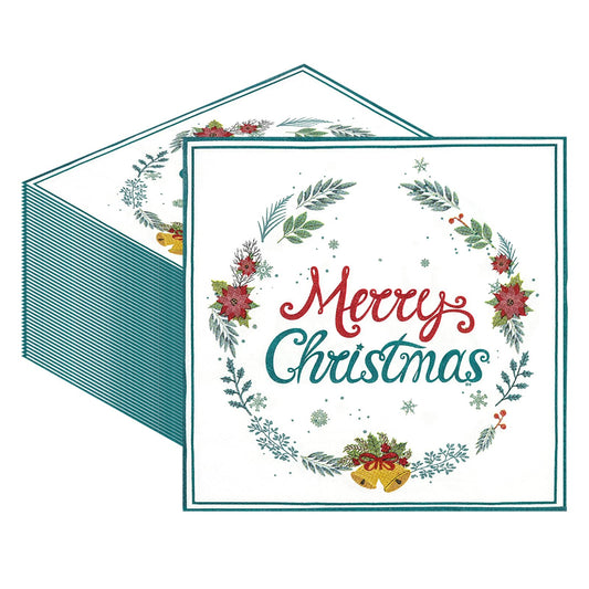 50 Pcs Merry Christmas Paper Napkins – 13 x 13 Inch Holly & Red Berries Napkins for Christmas Parties