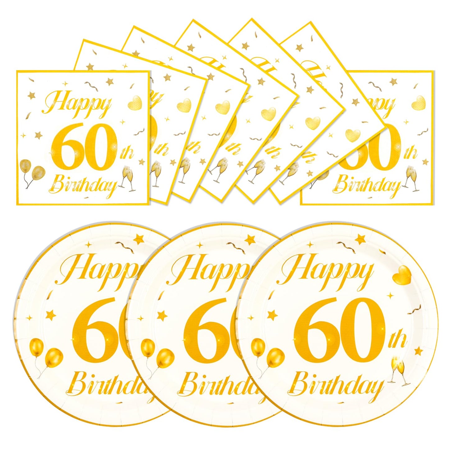 EVYIENEN 50PCS 60th Happy Birthday Plates and Napkins,7 Inch Premium Wihte and Gold Birthday Dessert Cake Plates Party and Cocktail Napkin for Men and Women Table Anniversary Decoration
