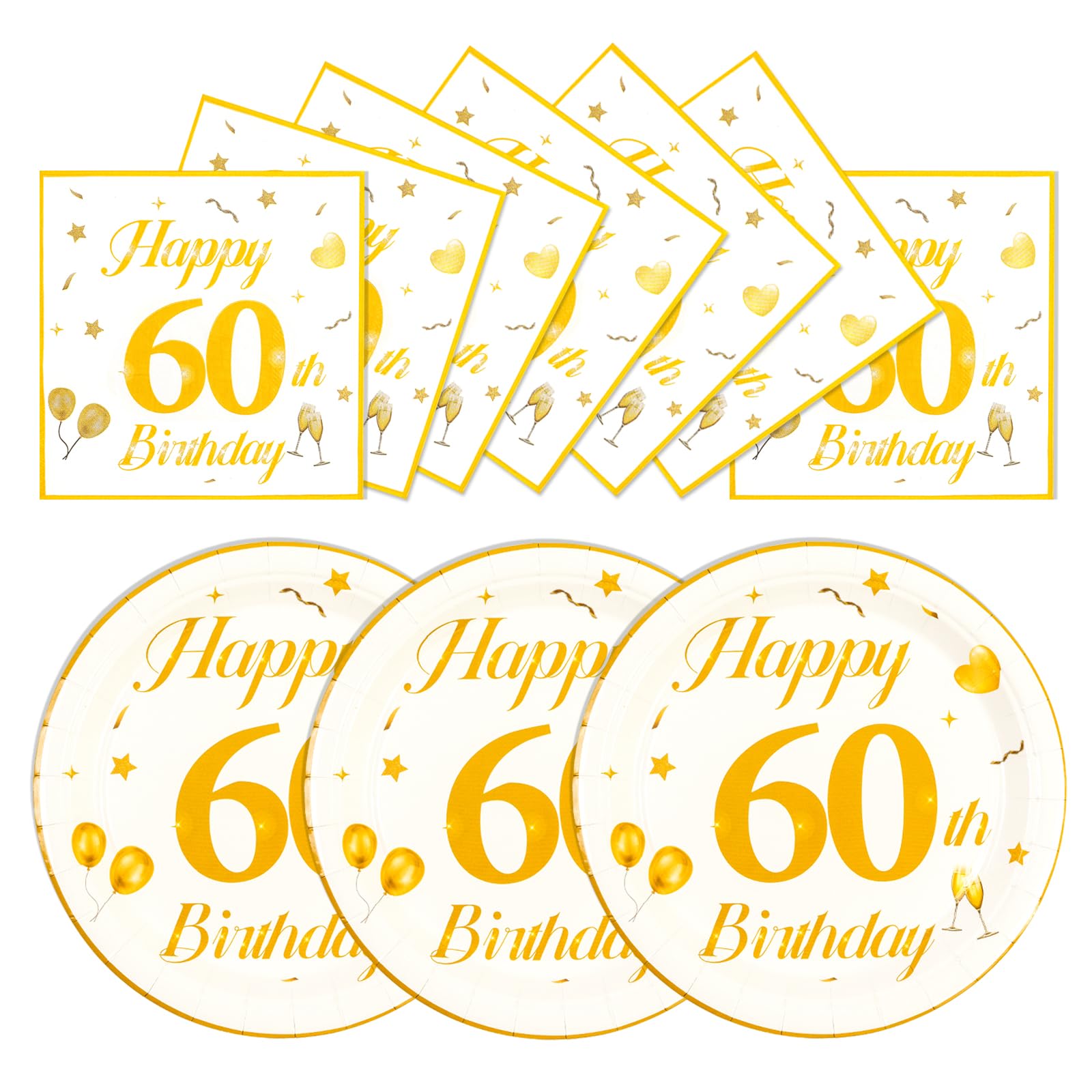 EVYIENEN 50PCS 60th Happy Birthday Plates and Napkins,7 Inch Premium Wihte and Gold Birthday Dessert Cake Plates Party and Cocktail Napkin for Men and Women Table Anniversary Decoration