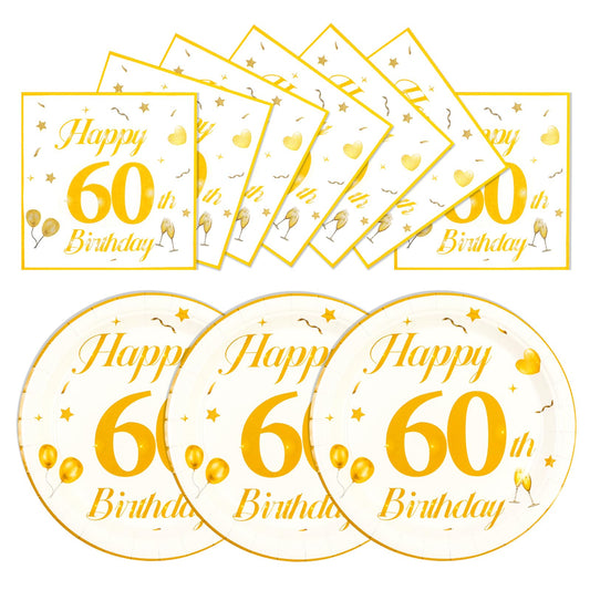 EVYIENEN 50PCS 60th Happy Birthday Plates and Napkins,7 Inch Premium Wihte and Gold Birthday Dessert Cake Plates Party and Cocktail Napkin for Men and Women Table Anniversary Decoration