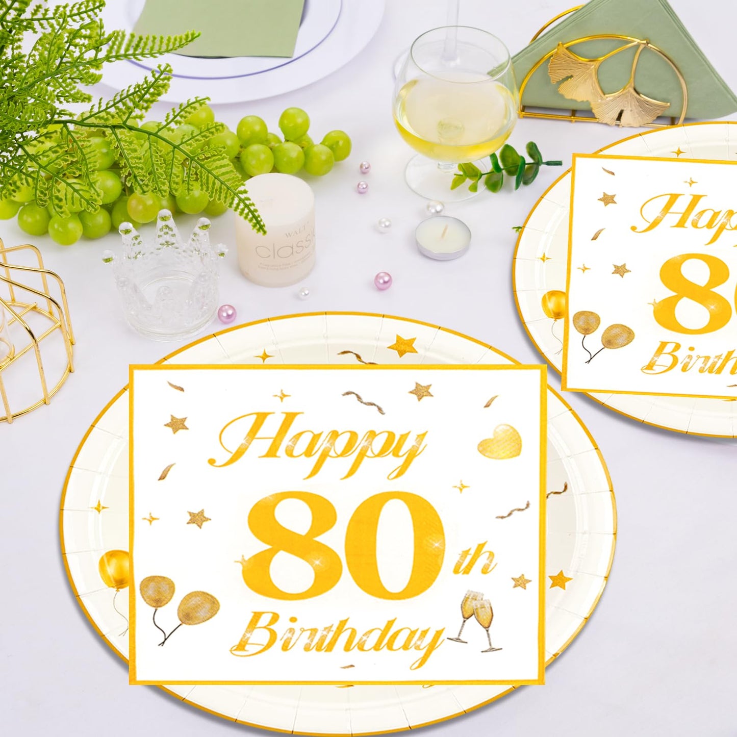 EVYIENEN 50PCS 80th Happy Birthday Plates and Napkins,7 Inch Premium Wihte and Gold Birthday Dessert Cake Plates Party and Cocktail Napkin for Men and Women Table Anniversary Decoration