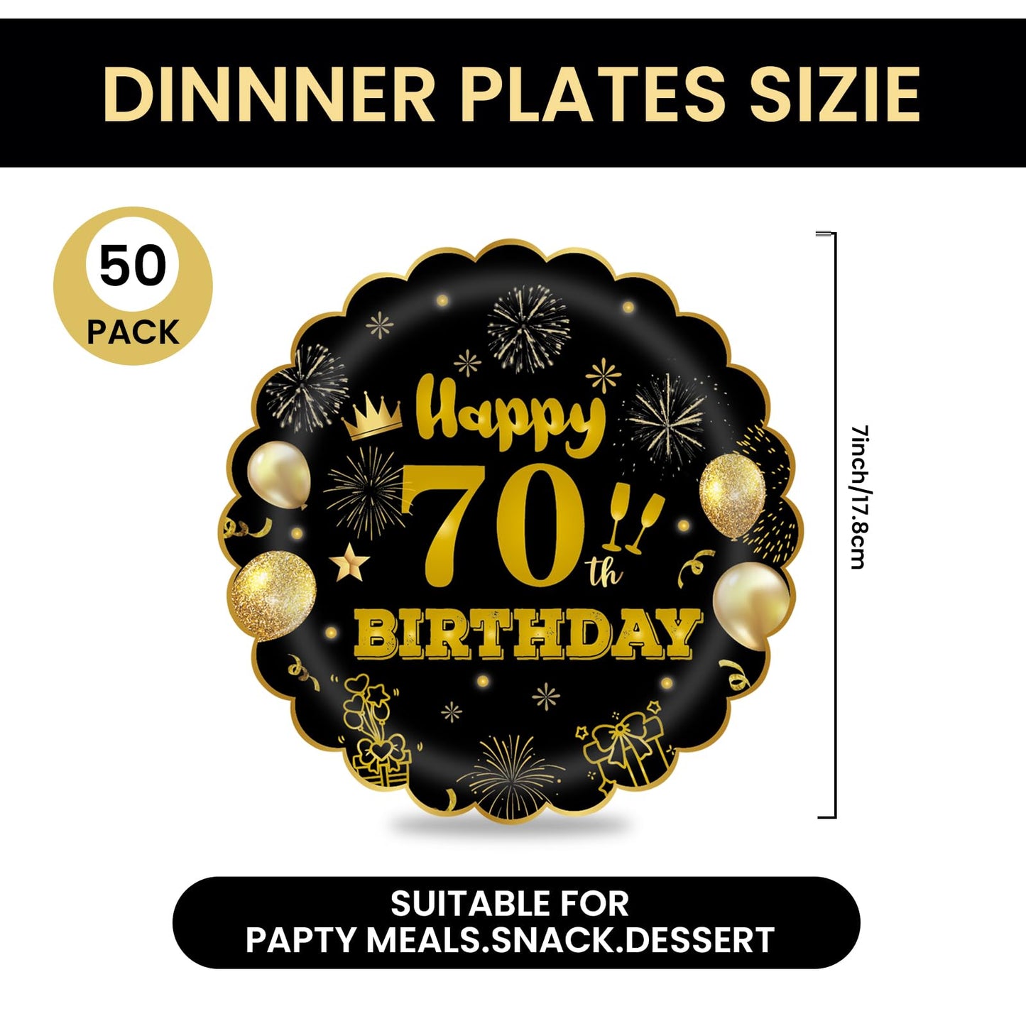 EVYIENEN 50Pcs 70th Birthday Party Paper Plates,7inch Disposable Black and Gold Scalloped Dessert Party Plates for Birthday Wedding Anniversary Reception Event Decorations