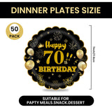 EVYIENEN 50Pcs 70th Birthday Party Paper Plates,7inch Disposable Black and Gold Scalloped Dessert Party Plates for Birthday Wedding Anniversary Reception Event Decorations