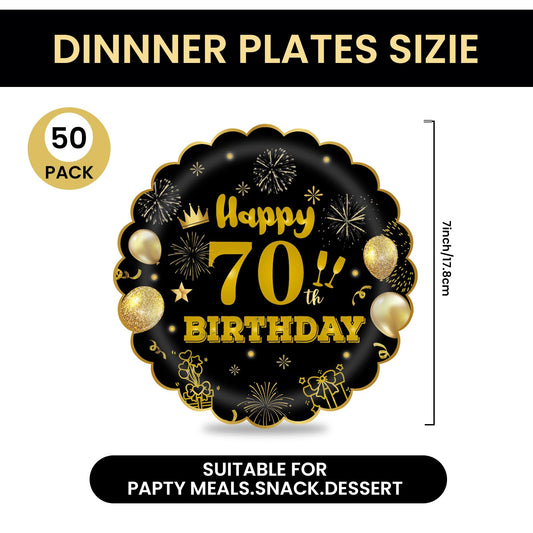 EVYIENEN 50Pcs 70th Birthday Party Paper Plates,7inch Disposable Black and Gold Scalloped Dessert Party Plates for Birthday Wedding Anniversary Reception Event Decorations