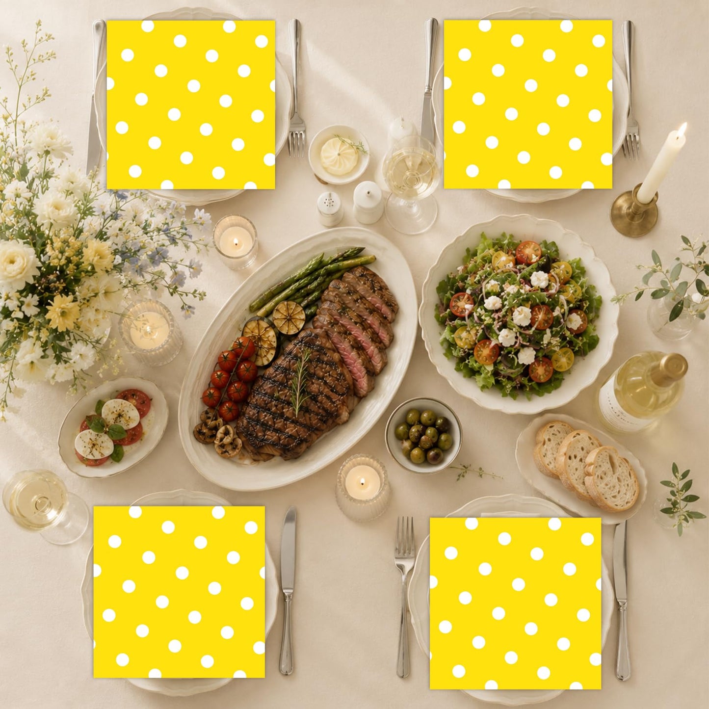 50pcs White Polka Dot Yellow Napkins, Disposable 2-Ply Cocktail & Happy Birthday Napkins, Polka Dot Party Decorations for Wedding Baby Shower Birthday Bridal Party