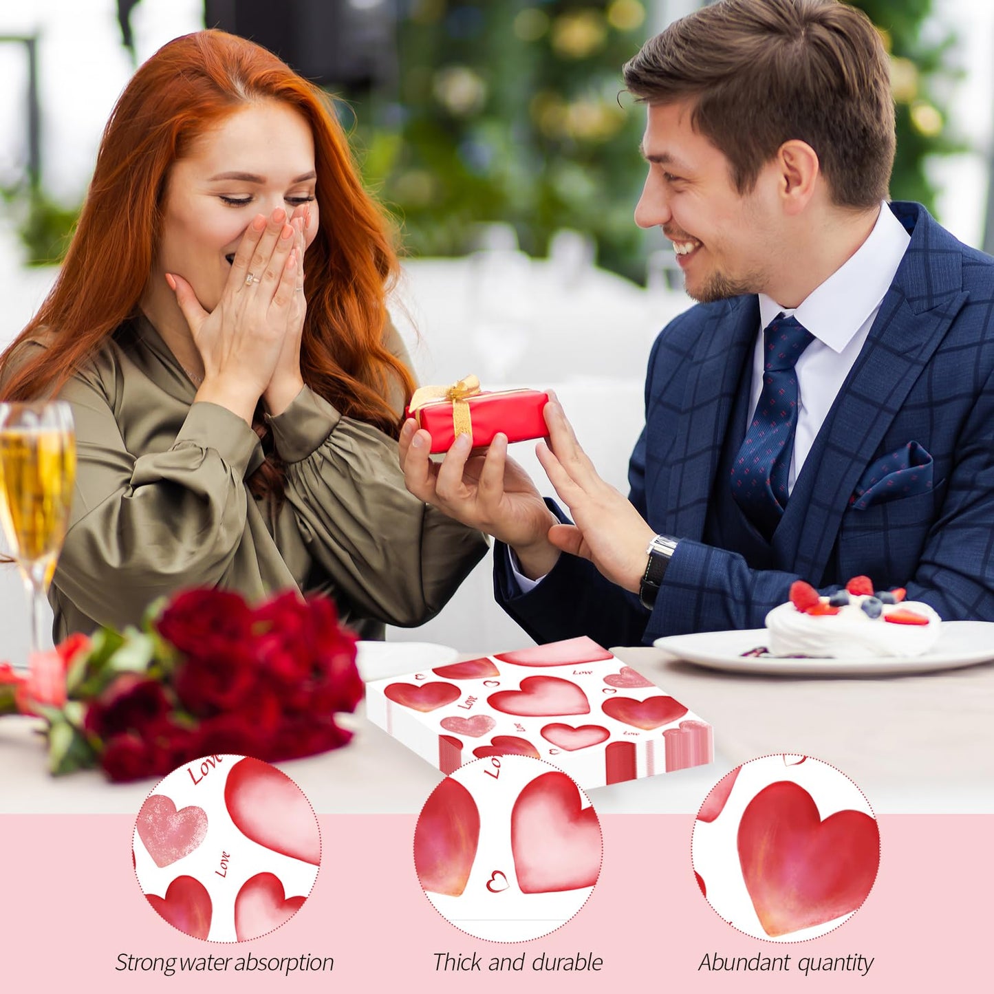 50 Pcs Valentine's Paper Napkins,Love Heart Dinner Napkins Decorative Paper Hand Towels for Wedding Birthday Valentine’s Party Supplies-6.5 x 6.5 Inch
