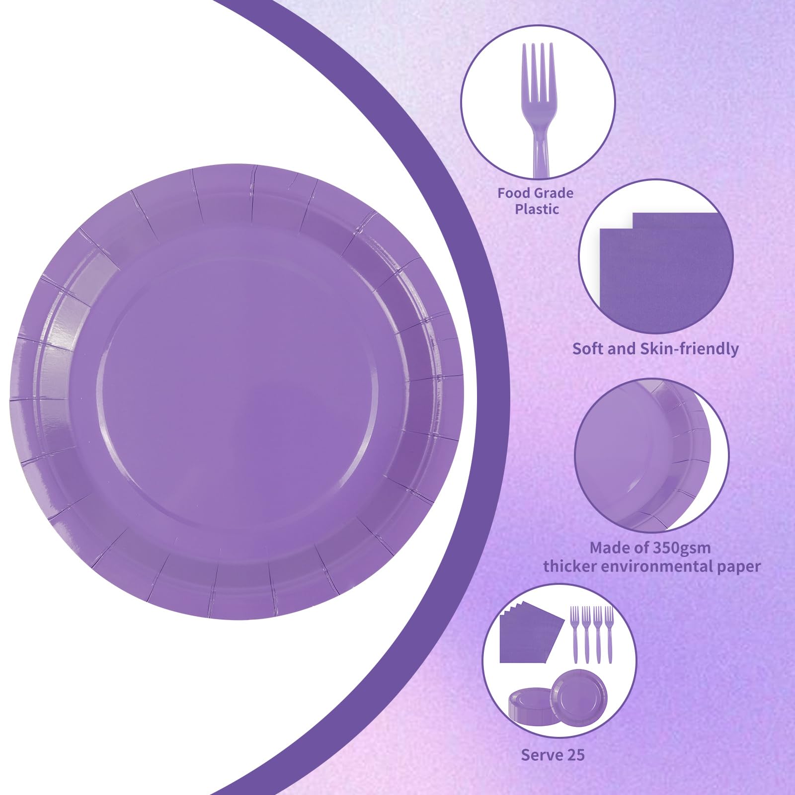 75Pcs Purple Paper Plates and Napkins Party Supplies Set,Purple Disposable Plates Party Supplies Includes Paper Napkins Forks Decorations for Birthday,Halloween,Christmas,Pumpkin,Fall,Serves 25