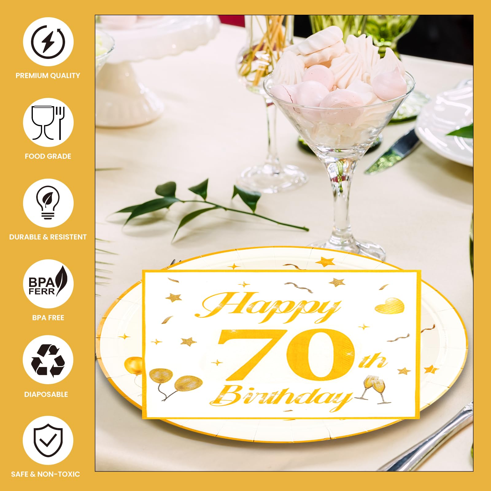 EVYIENEN 50PCS 70th Happy Birthday Plates and Napkins,7 Inch Premium Wihte and Gold Birthday Dessert Cake Plates Party and Cocktail Napkin for Men and WomenTable Anniversary Decoration
