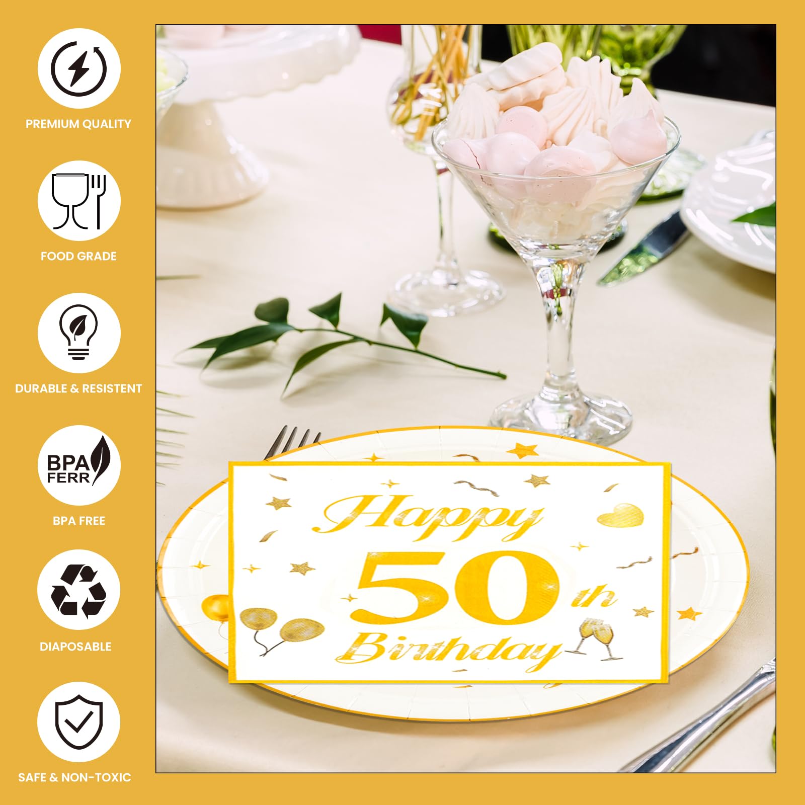 EVYIENEN 50PCS 50th Happy Birthday Plates and Napkins,7 Inch Premium Wihte and Gold Birthday Dessert Cake Plates Party and Cocktail Napkin for Men and Women Table Anniversary Decoration